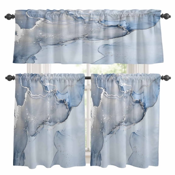 Marble Blue Kitchen Curtains Sets for Windows 36 Inch Length, Modern Abstract Ink Painting Luxury Rod Pocket Window Treatments Tier Curtains and Valances Set for Bedroom/Bathroom