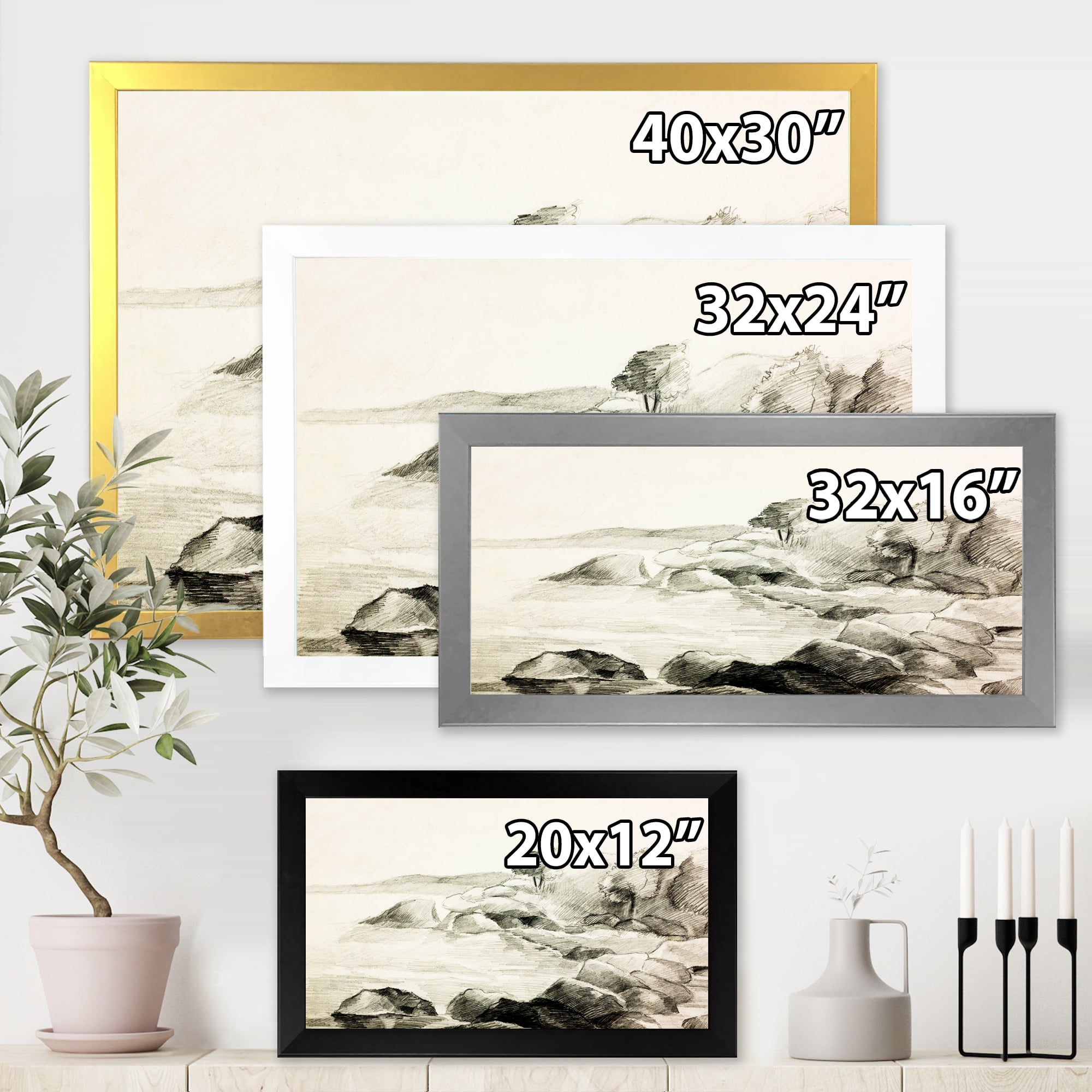 Designart 'Black and White Lake Shore' Nautical & Coastal Framed Art Print
