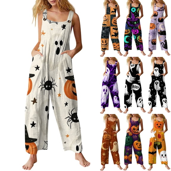 HAJWOH Halloween Women’s Sleeveless Loose Fit Jumpsuit With Halloween Print Wide Leg Overalls Casual Style(Blue,2XL)