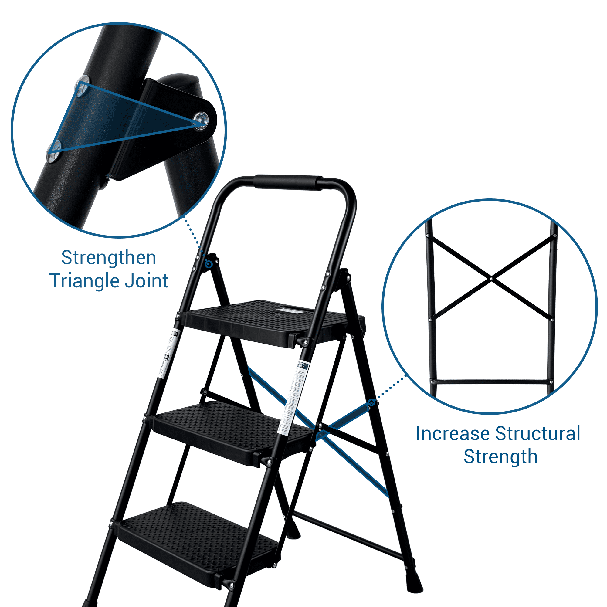 Sturdy 3-Step Folding Step Stool with Wide Anti-Slip Pedal, Steel Ladder for Household and Kitchen Use, Black