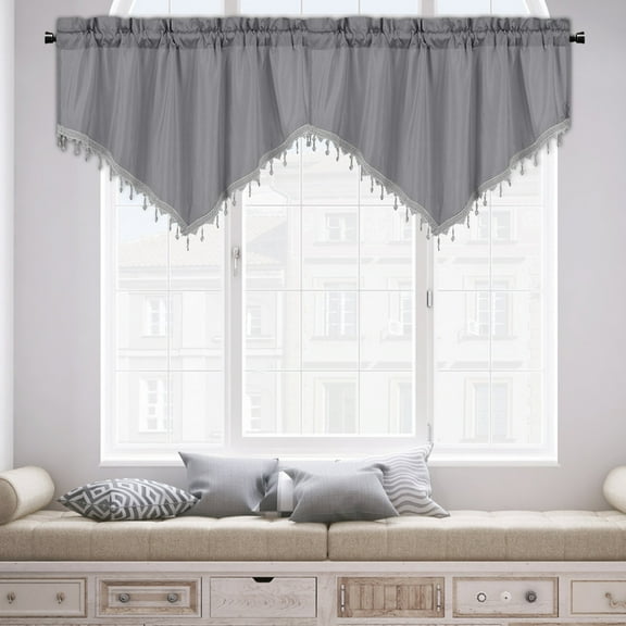 HCBY Lace Valance Swag Curtain 51 Inch Scalloped Sheer Curtain Panels with Crystal Beads - Rod Pocket Farmhouse Window Treatment for Kitchen Bedroom 1pc Boho Chic Drape Decor Gray