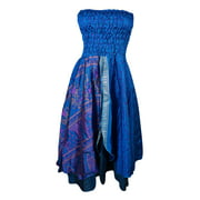 Mogul Womens Blue Strapless Sexy Dress Printed Silk Sari Vintage Maxi Skirts