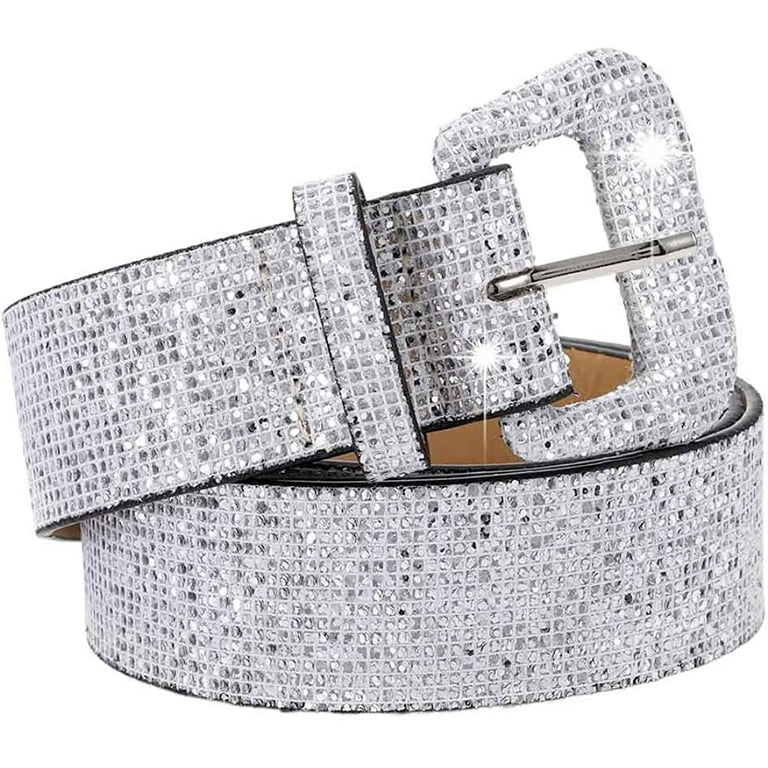 Fashion Glitter Studded Adjustable PU Leather Rhinestone Belt Waistband  Bling Crystal SILVER 