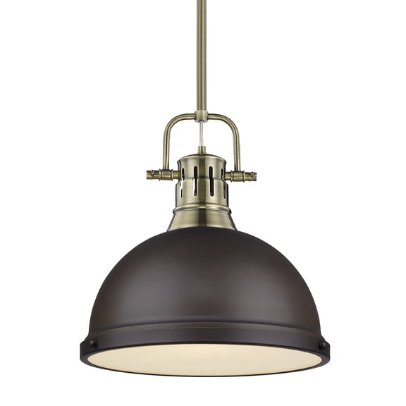 Yep by Golden Lighting Duncan 1-light 14in Rod Hung Pendant in Aged Brass and Rubbed Bronze shade