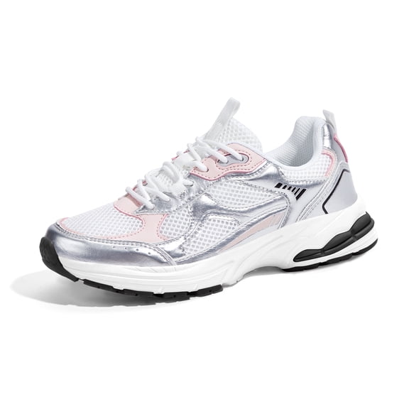 LUCKY STEP Chunky Fashion Mesh Sneakers Casual Running Walking Shoes,White/Silver,Womens