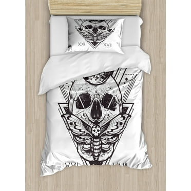 Death Moth Duvet Cover Set Twin Size, Sacred Geometry Skull Dead Head Alchemy Hipster Tattoo Style Art, Decorative 2 Piece Bedding Set with 1 Pillow Sham, White and Dark Blue Grey, by Ambesonne