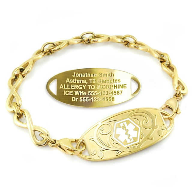 MedicEngraved Yellow Gold Stainless Steel Custom Medical Alert Bracelet - 6mm Infinity Link