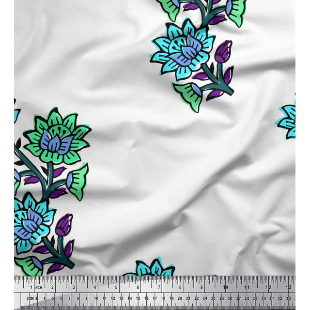 Soimoi Rayon Fabric Leaves & Floral Block Printed Fabric 1 Yard 42 Inch Wide