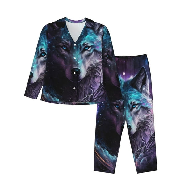 Balery Purple Sky Wolf Conjunto de Pijama con Estampado para Mujer, Conjunto de Dos Piezas con Manga Larga, Ropa de Dormir Suave con Bolsillos, Pijamas Cómodos-Large