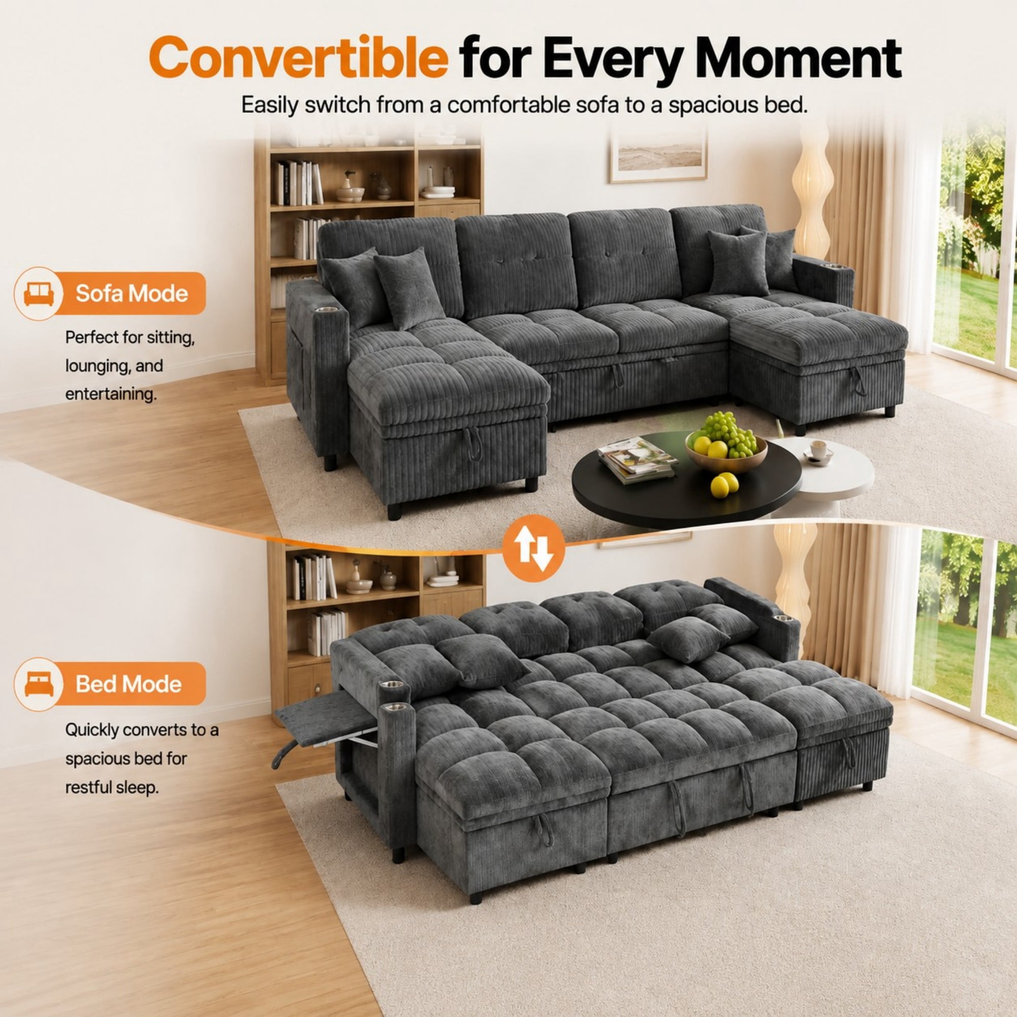 DEALTOPS 108" Chenille U-Shaped Sectional Pull Out Sleeper Sofa Bed with Storage Chaise, USB & Tray Table, Gray