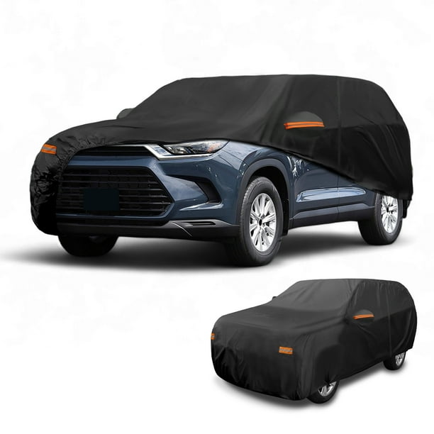 Funda para auto impermeable para todo clima, protección exterior completa contra el sol y la lluvia, con tiras reflectantes, negra para Toyota Grand Highlander
