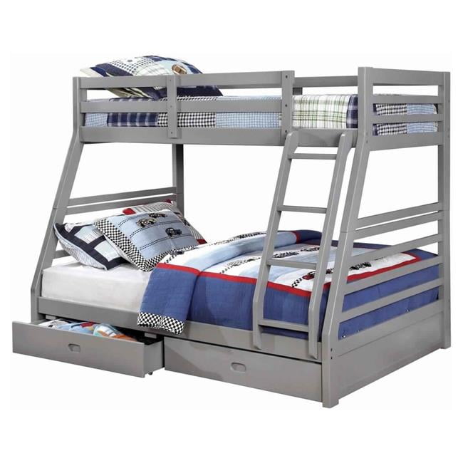 Gray Benjara Transitional Twin Size Bunk Bed with 5 Drawers and Attached Trundle Gray Benjara Transitional Twin Size Bunk Bed with 5 Drawers and Attached Trundle