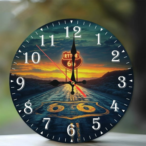 10-Inch Silent Wooden Wall Clock, " Route66 Sunset Clock Face "  Silent Non-Ticking Clock, Battery Operated (AA Batteries Not Included), Artistic Home Decor