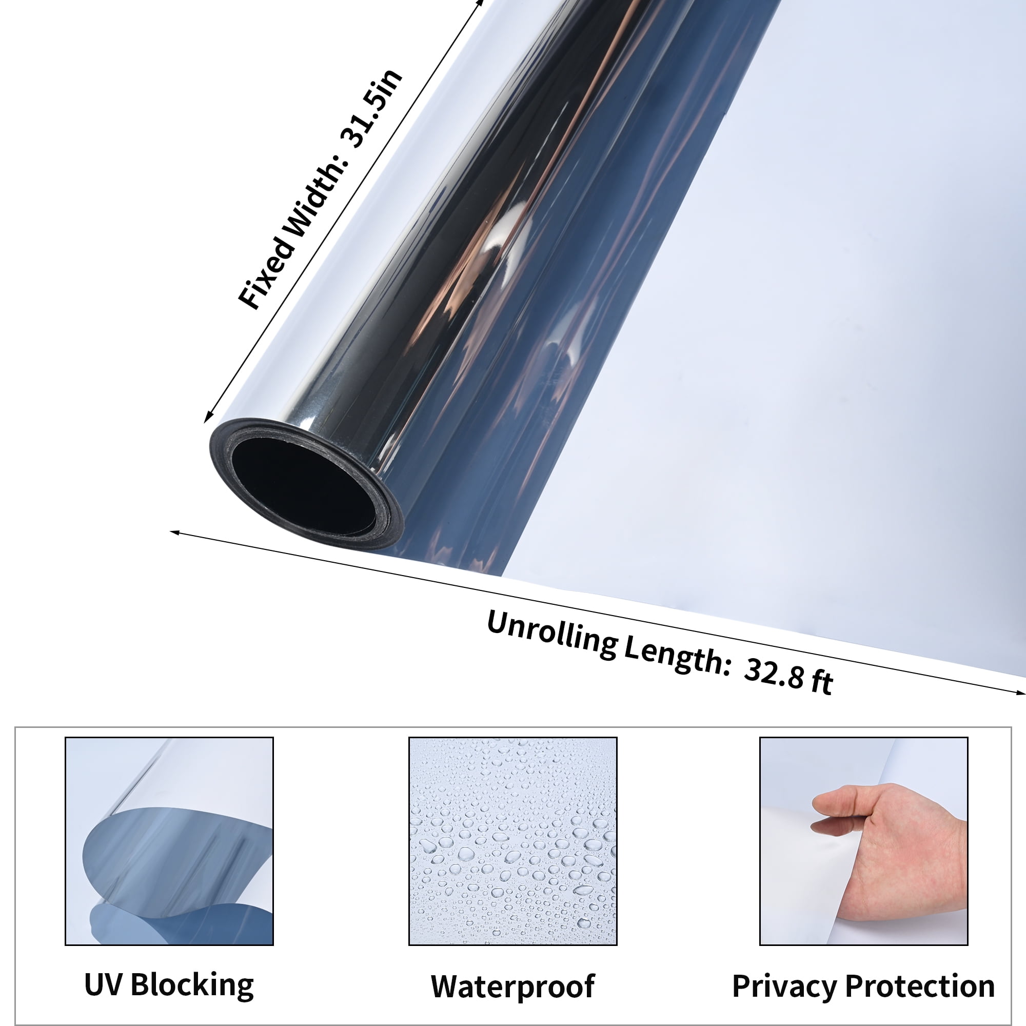 Gtouse One Way Window Privacy Film, Daytime Privacy Mirror Film, Anti UV Static Window Tint for Home and Office, 31.5" x 393.7", Silver
