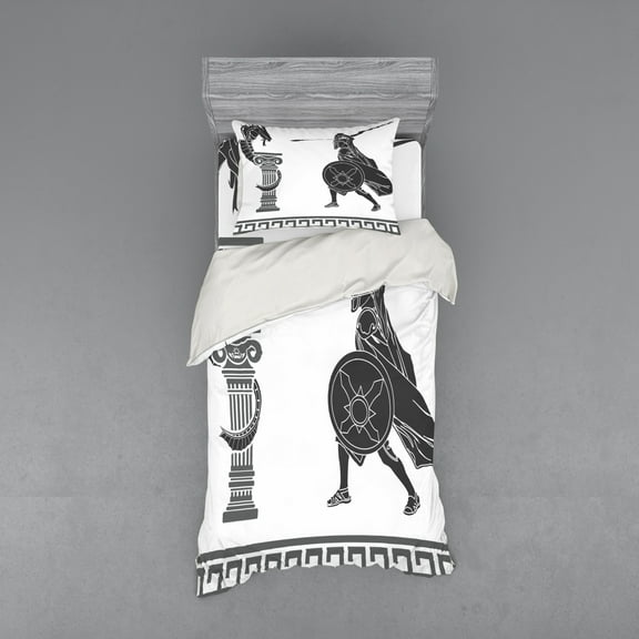 Ambesonne Retro Bedding Set 3 Pcs, Hero and Dragon Myth, Twin, Grey Charcoal Grey White