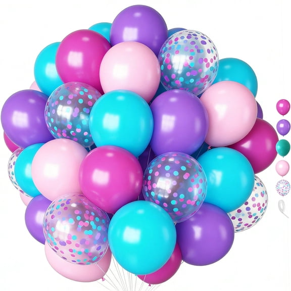 60pcs 12 Inch Latex Hot Pink Purple Teal Pastel Pink Confetti Balloons, Pink Blue Purple Balloons for Girls Magic Theme Birthday, Baby Shower, Princess Party Decorations
