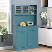 KIGOTY Kitchen Trash Cabinet, Double Tilt Out Trash Can Cabinet with Countertop and Drawer, Free-Standing Pet Proof Recycling Cabinet Garbage Can Holder (67H,Blue)