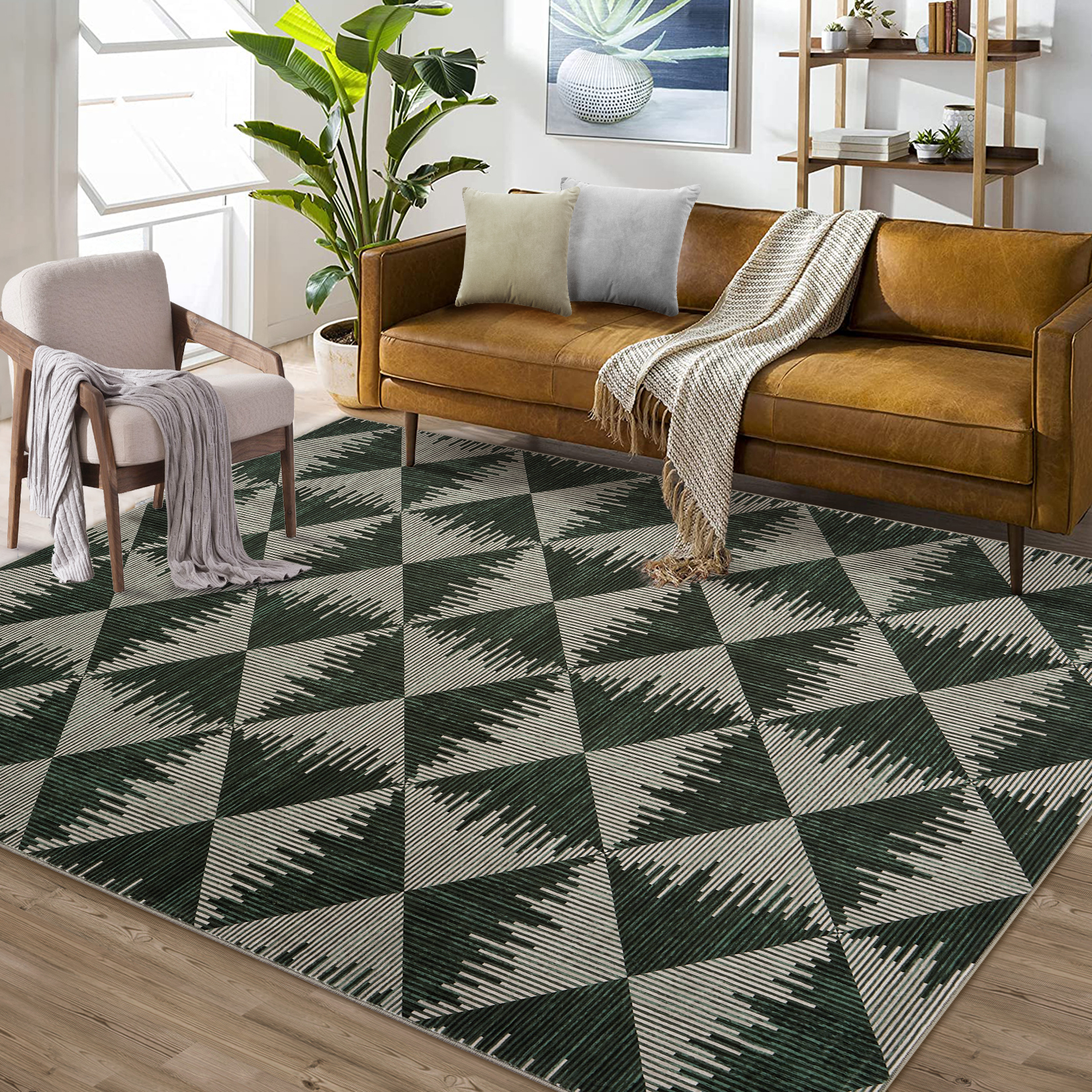 10x13 Washable Area Rugs for Living Room Non Slip Low Pile Modern Geometric Farmhouse Dining Room Carpets for Bedroom Dorm Green