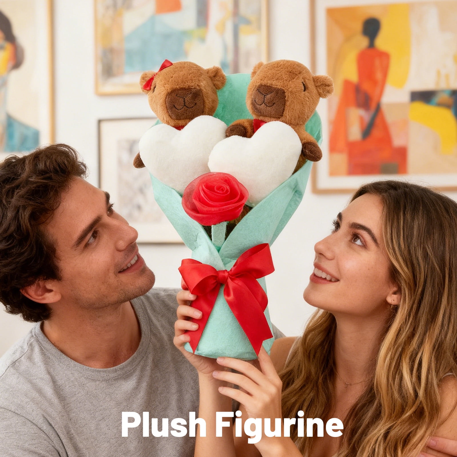LEWEEN Capybara Bouquet Plush Gift Set: 11.8 Inch Valentine's Day Medium Capybara Plush Toy with Heart Accents, Pink Satin Bow, Soft Cuddly Design for Home Decor and Presents