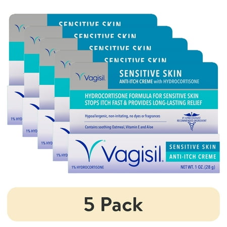 (5 pack) Vagisil Sensitive Skin Anti-Itch Cream for Women, with Hydrocortisone, Helps relieve Yeast Infection Irritation, Soothes & Cools, 1oz