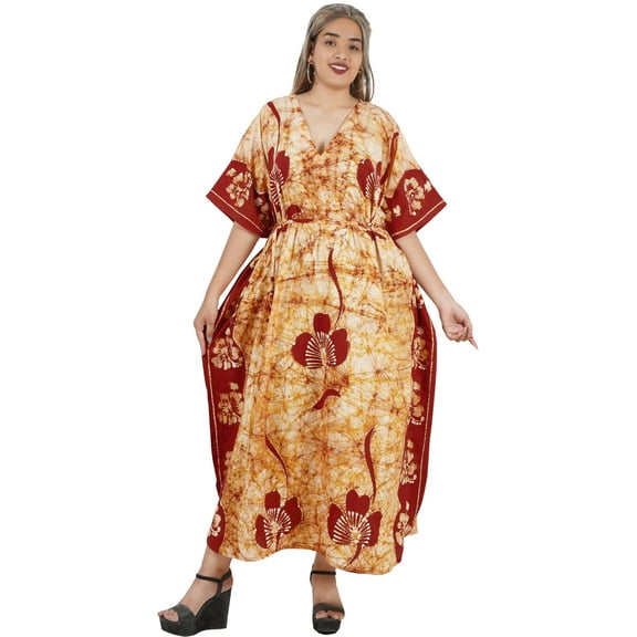 HAPPY BAY Women's Summer Batik Caftan Loungewear House Dashiki Dress V Neck Kaftan Nightshirts for Women Sleepwear Plus Size 2X-3X Caramel, Floral