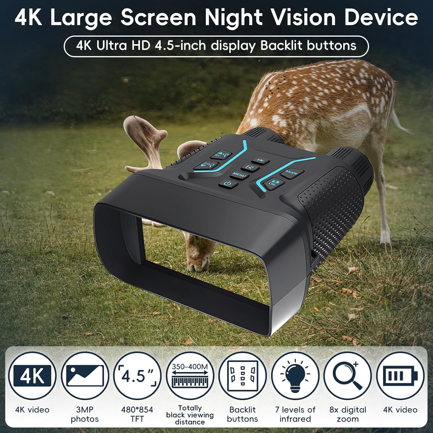 Aorsher 8X Digital Zoom Night Vision Goggles with 32GB TF Card, Night Vision Binoculars for Camping, Bird Watching, Hunting, 4K UHD Video & 36MP Image, 1312 FT Full Dark for Camping