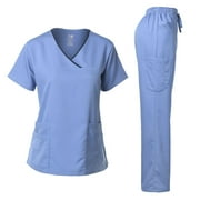 Dagacci Medical Uniform Women's Scrub Set Stretch Contrast Binding Top and Pants (Ceil Blue, XX-Small)