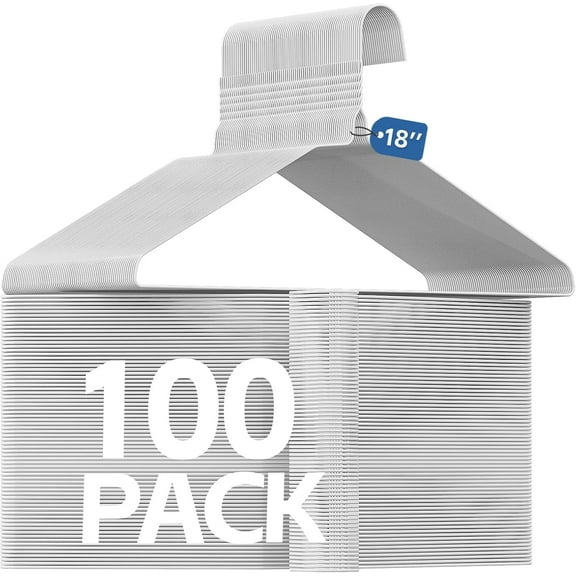 SPECILITE 18in Wire Metal Clothes Hangers Bulk 100 Pack, Space Saving, Ultra Thin for Large Size Suits, Coats, White