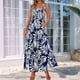 thumbnail image 4 of Vestido Maxi Bohemio de Verano para Mujer, Sin Mangas, Fruncido, con Tirantes Finos, Corte en A, Fluido, para Playa, Azul Oscuro, L, 4 of 8