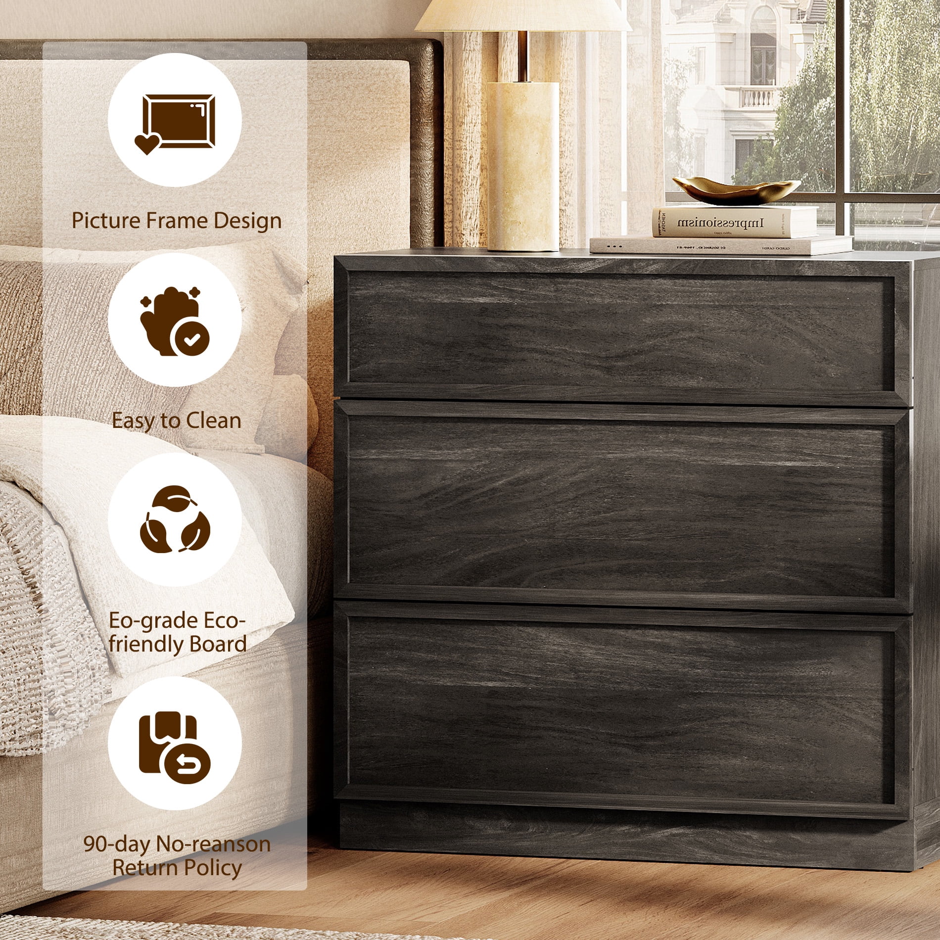 Set of 2 Nightstand with 3 Drawers, Modern Tall End Table with Large Storage for Living Room, Bedroom Wooden Side Table and Closet Organizer