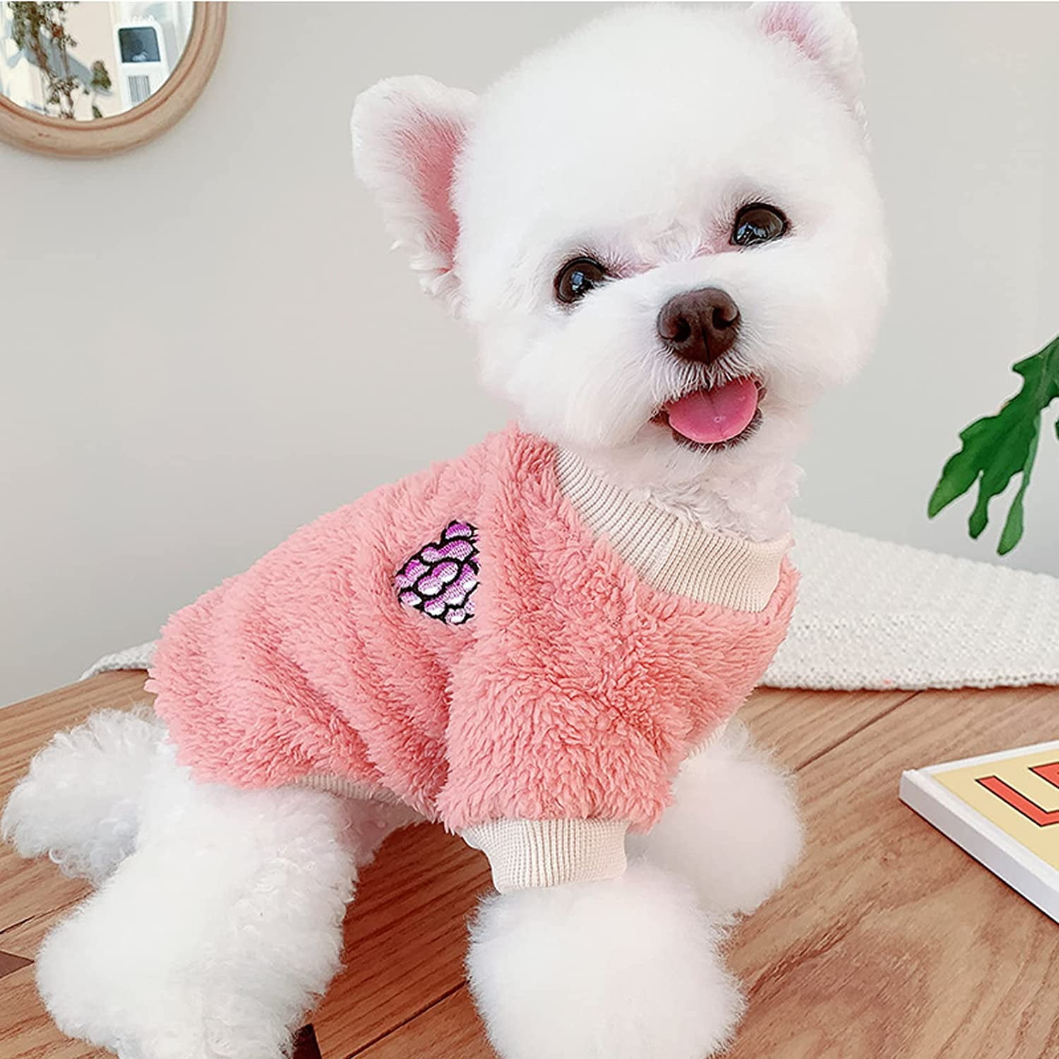 Yikeyo Fuzzy Dog Dress Dog Sweaters for Small Dogs Girl Pink Plaid Puppy  Sweatshirts Fleece Doggie Hoodie Winter Dog Clothes Female Pet Cat Pup Warm