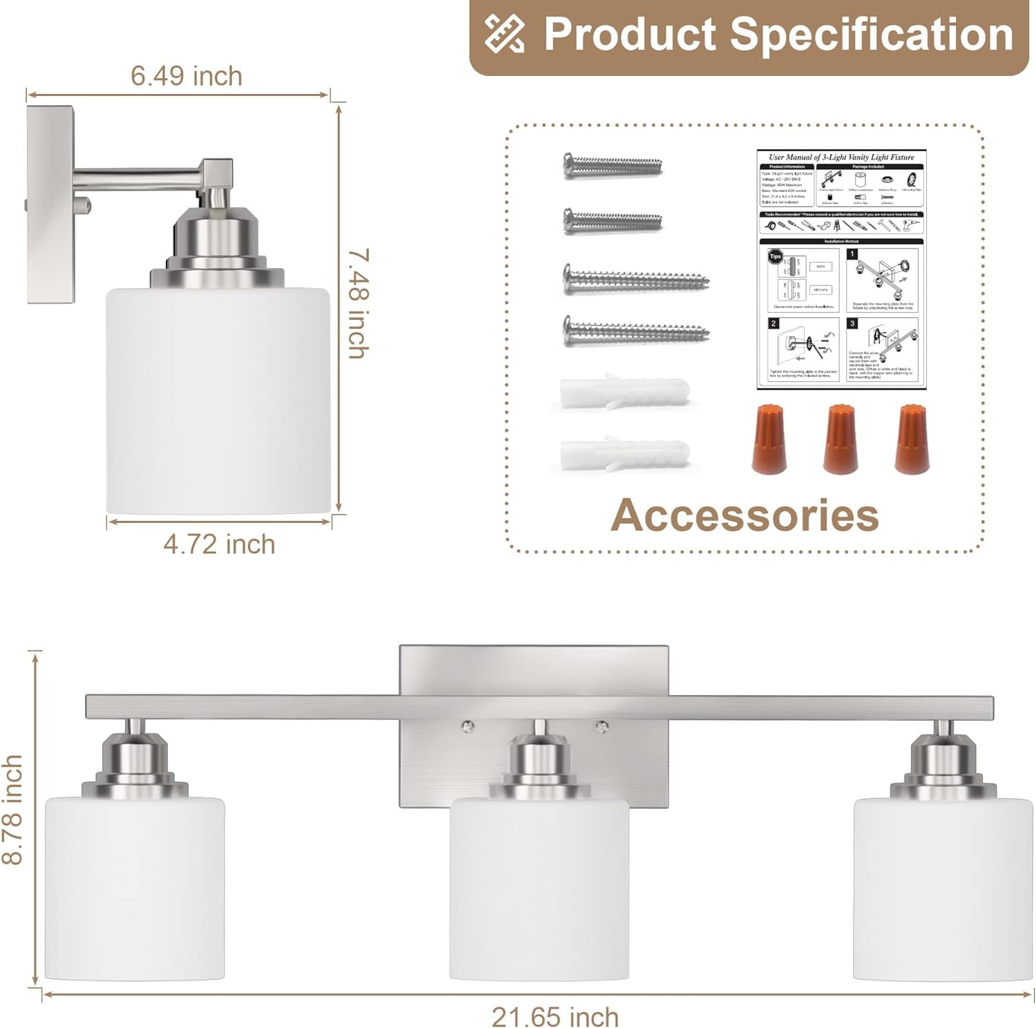 Sailstar Bathroom Light Fixtures, Modern 3 Lights Bathroom Lights over Mirror, E26 Standard Base, Glass Shade & Anti-rust Nickel Finished (Bulbs Not Included)