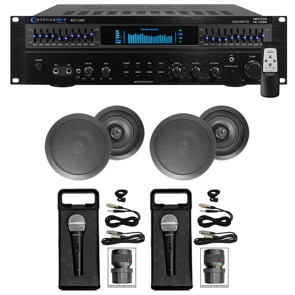 Technical Pro 1500 Watt Home Karaoke Machine System 4) 8" Black Ceiling Speakers