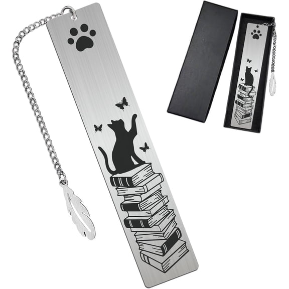Cat and Book Metal Bookmarks for Book Lovers Reading Women Men Bookish Bookworms Cute Novelty Book Mark with Charm and Gift Box