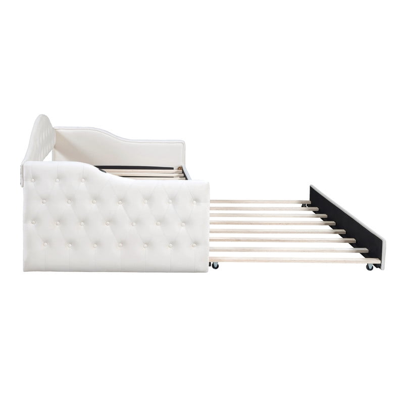Twin Size Tufted Daybed with Trundle & Backrest, Velvet Upholstered Sofa Bed Frame with USB & Type-C Ports