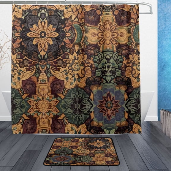 BZSMCE Shower Curtain and Bath Accessory Set,Golden Mandala Mosaic Pattern