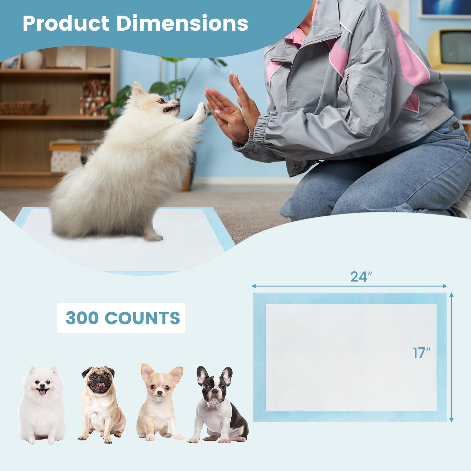 Gymax 24''x 17''(300 Counts) Dog Potty Training Pads Puppy Pee Pads w/ Quick-Drying