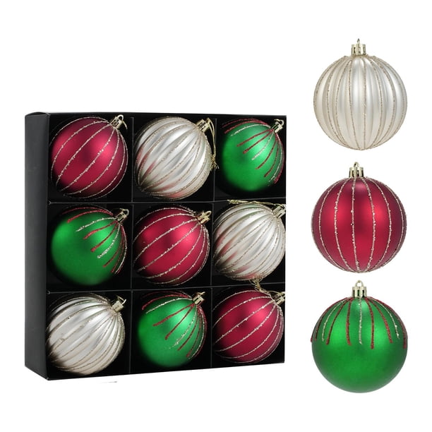 9 adornos navideños con purpurina de 3 pulgadas para aniversario, para interiores y exteriores. Rojo plateado verde