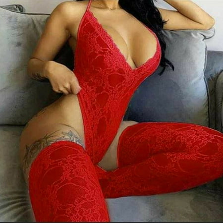 

New Women Lace Lingerie Bodysuit V-Neck Backless Jumpsuit Pajamas Stockings Suit Red L