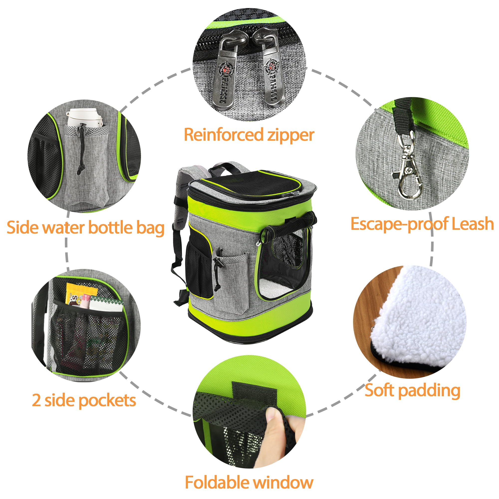 Solaris Adjustable Pet Carrier Backpack for Dogs and Cats, Puppies, Portable Cat Carrier Backpack with Bottle Pocket, Two Mesh Window for Breath,Green