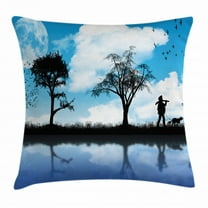 Nature Throw Pillow Cushion Cover, Man with the Dog Walking by the Lake with Tree Reflection Moon Sky Print, Decorative Square Accent Pillow Case, 24 X 24 Inches, Sky Blue Black White, by Ambesonne