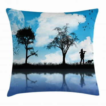 Nature Throw Pillow Cushion Cover, Man with the Dog Walking by the Lake with Tree Reflection Moon Sky Print, Decorative Square Accent Pillow Case, 24 X 24 Inches, Sky Blue Black White, by Ambesonne