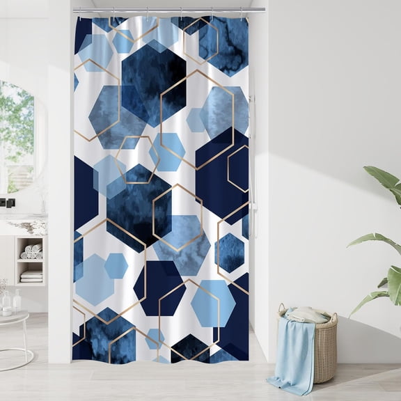 Modern Small Stall Shower Curtain for Bathroom, Blue Geometric Art Decor Waterproof Bath Curtain, Fabric Shower Curtain Sets for Home Decor, 36x72 Inch