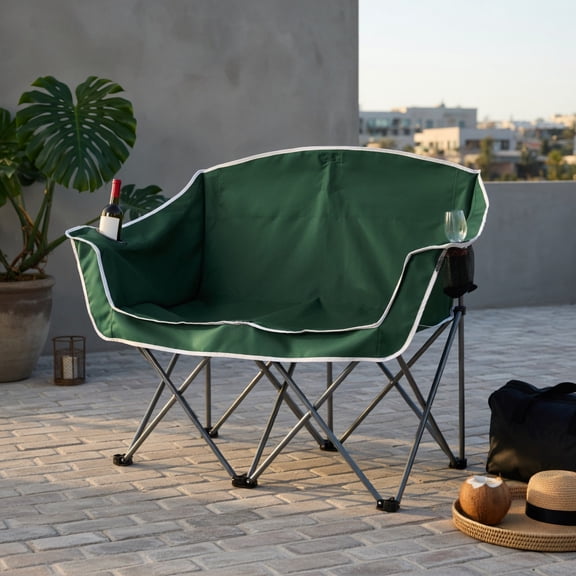 Hommoo Duo Portable Oversized Camping Loveseat Chair with Armrests, Dual Mesh Cup Holders & Heavy-Duty Frame, Green