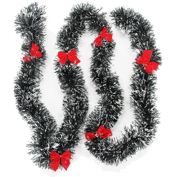 Guirnalda de oropel de Navidad, guirnalda de puntas blancas como la nieve de color verde oscuro con lazos rojos, decoración de árbol de Navidad de fiesta navideña, 2 piezas/juego, 6.5 pies/pieza Ormromra WMZL-2215