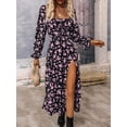 thumbnail image 2 of Faithtur Robe Longue pour Femmes, Robe à Manches Longues Col Carré à Nouer Robe Florale Fendue Robe d'Automne, 2 of 5