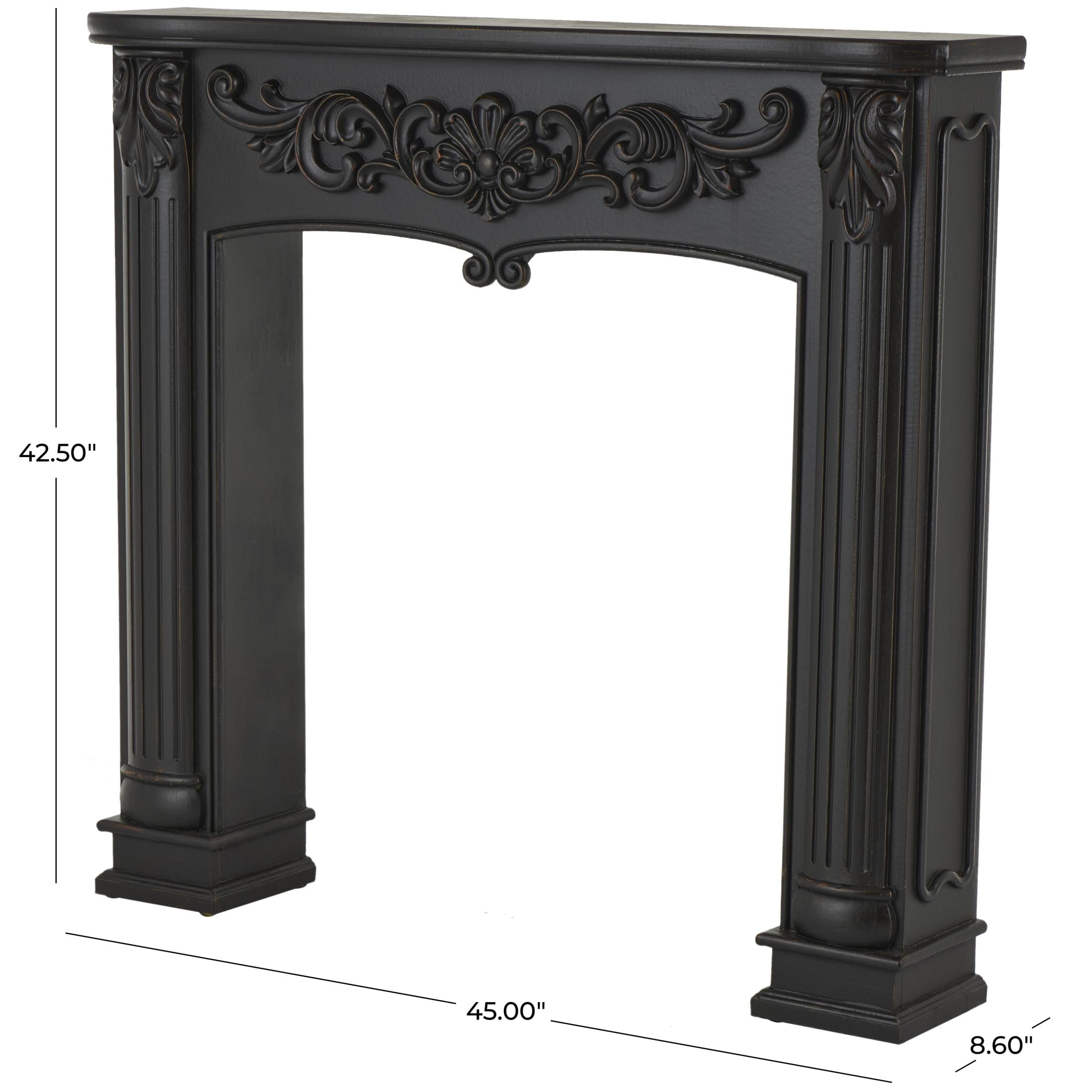 DecMode 45" x 43" Wooden Black Freestanding Scroll Surround Fireplace Mantle with Floral Accents