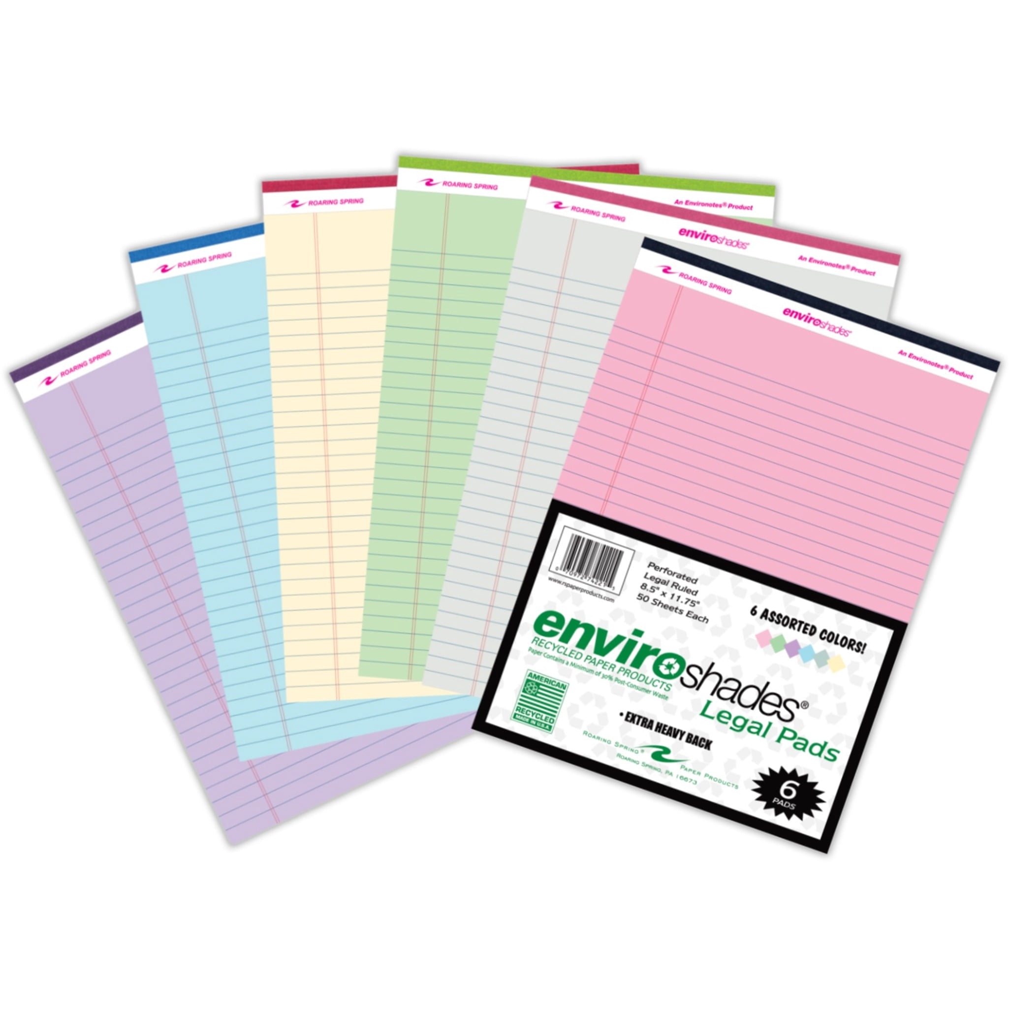 Roaring Spring Enviroshades Case of Recycled Legal Pads, 6 Six Packs, 8.5" x 11.75" 50 Sheets, Assorted Colors