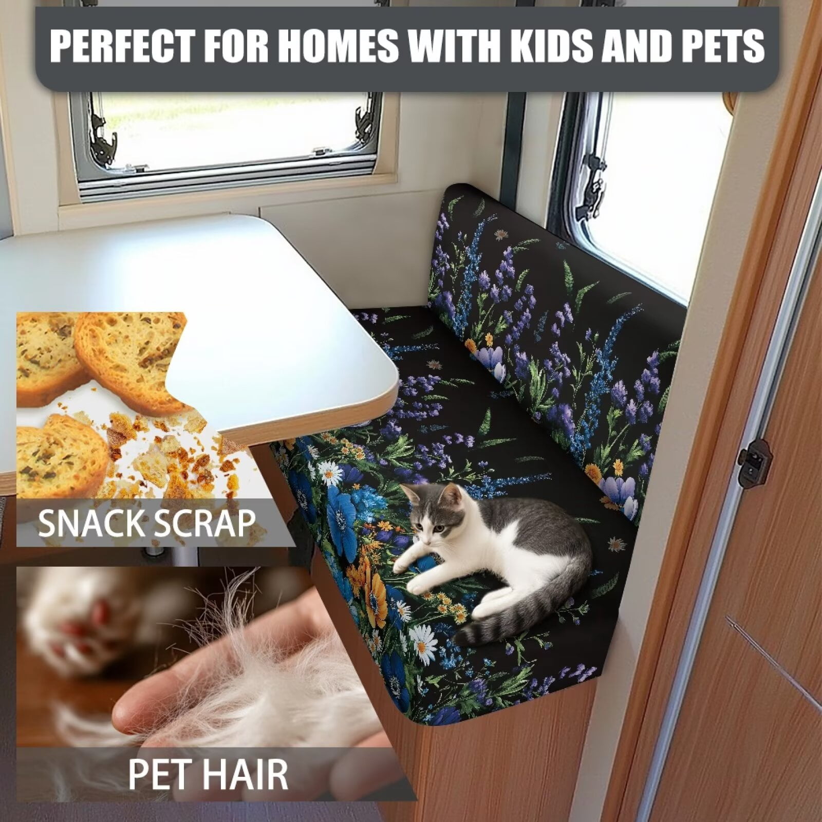 XYZCANDO Daisy RV Dinette Cushion Covers Camper Decor Stretchable Slip Covers for Loveseat Universal Bench Cushion Washable Sofa Covers for 2 Cushion Couch Camper Black