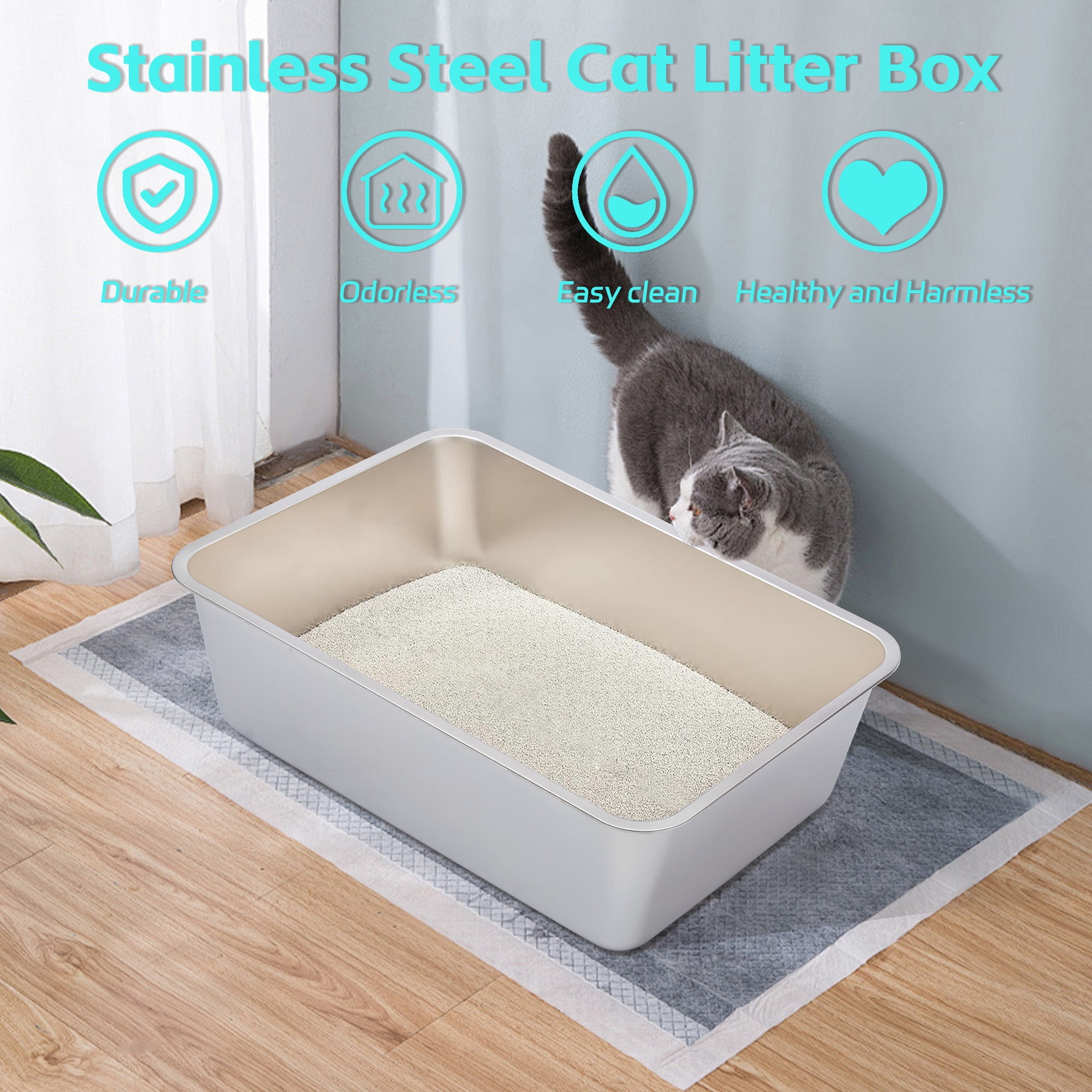 NYUTU Stainless Steel Cat Litter Box 2 Pack,XXL Metal Litter Box for Big Cats, Cat LitterBox Metal Pet Toilet Easy to Clean,High Sided Litters Boxes Adult Big Cats,Non Stick, No Smell,23.6"x15.8"x8"
